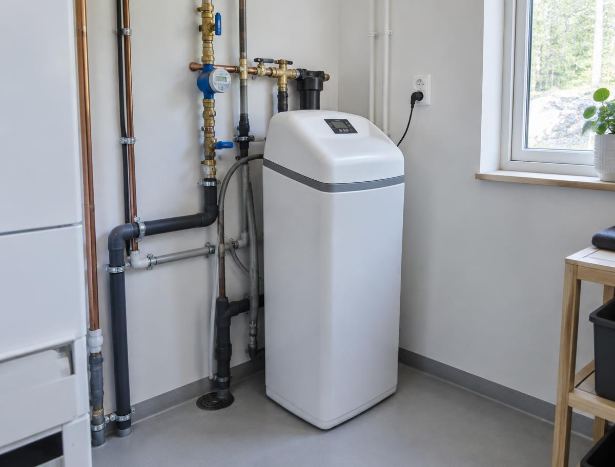 Detalje fra en færdig installation: blødgøringsanlæg og vandfilter