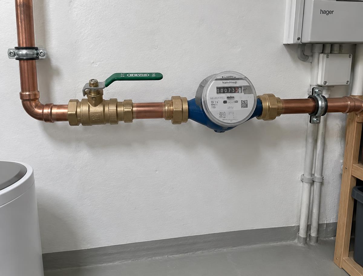 Detalje fra en færdig installation: vandmåler og hovedhane