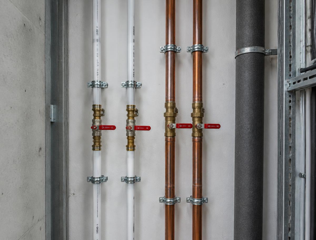Detalje fra en færdig installation: vandrør og stigstrenge