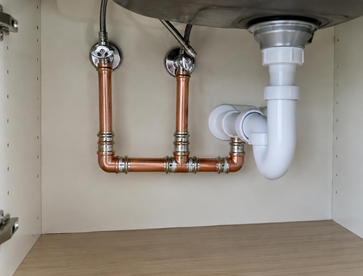 Detalje fra en færdig installation: vandskade og utæt rør